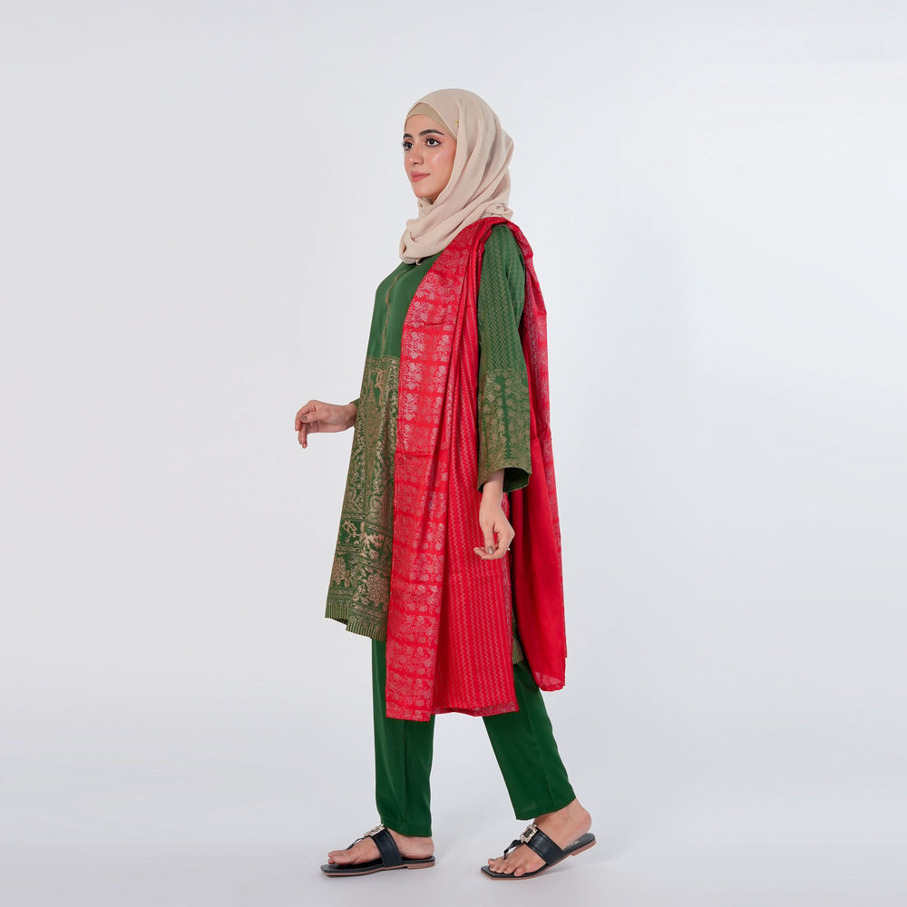 Women's 03pcs Stitched Suit - Green, Women Shalwar Suits, Chase Value, Chase Value