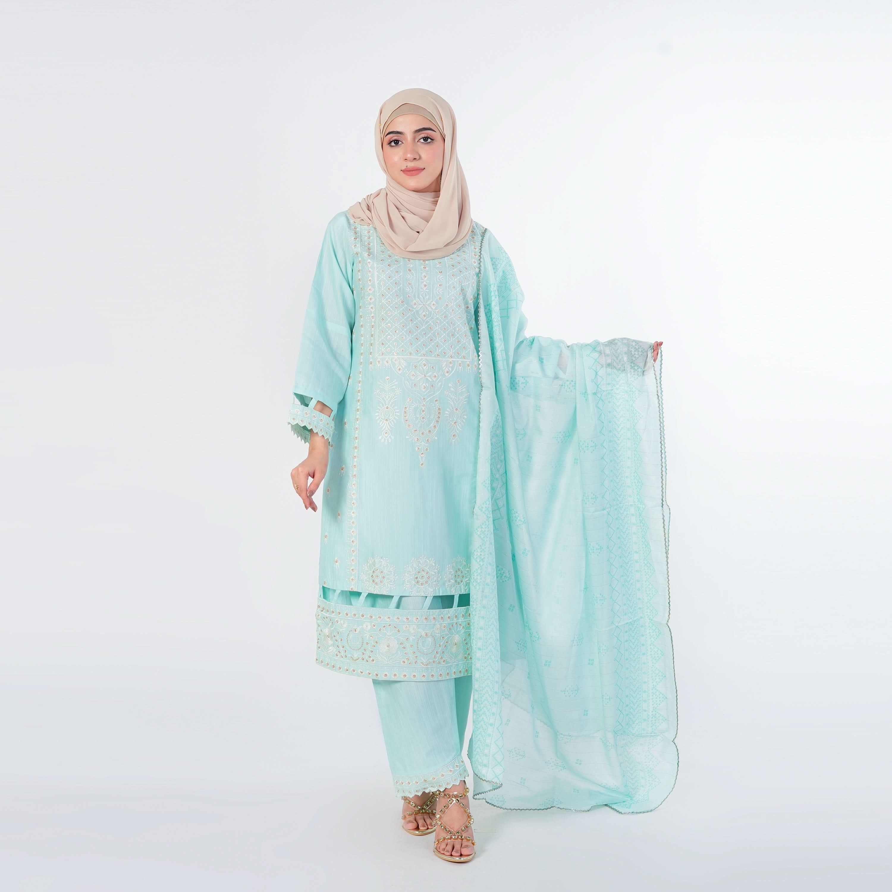 Women's Slub 3Pcs Fancy Suit  - Cyan, Women Shalwar Suits, Chase Value, Chase Value