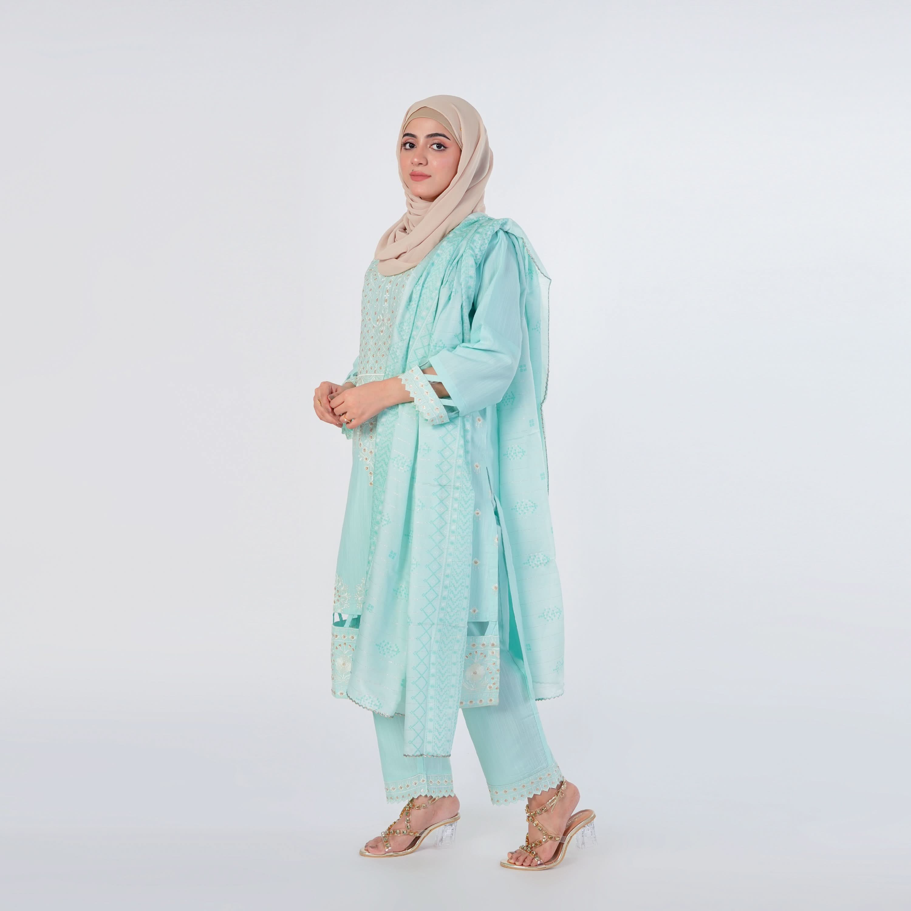 Women's Slub 3Pcs Fancy Suit  - Cyan, Women Shalwar Suits, Chase Value, Chase Value