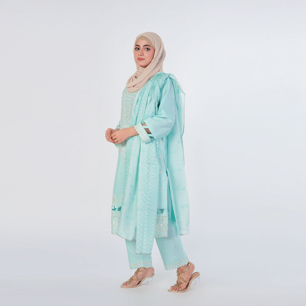 Women's Slub 3Pcs Fancy Suit  - Cyan, Women Shalwar Suits, Chase Value, Chase Value