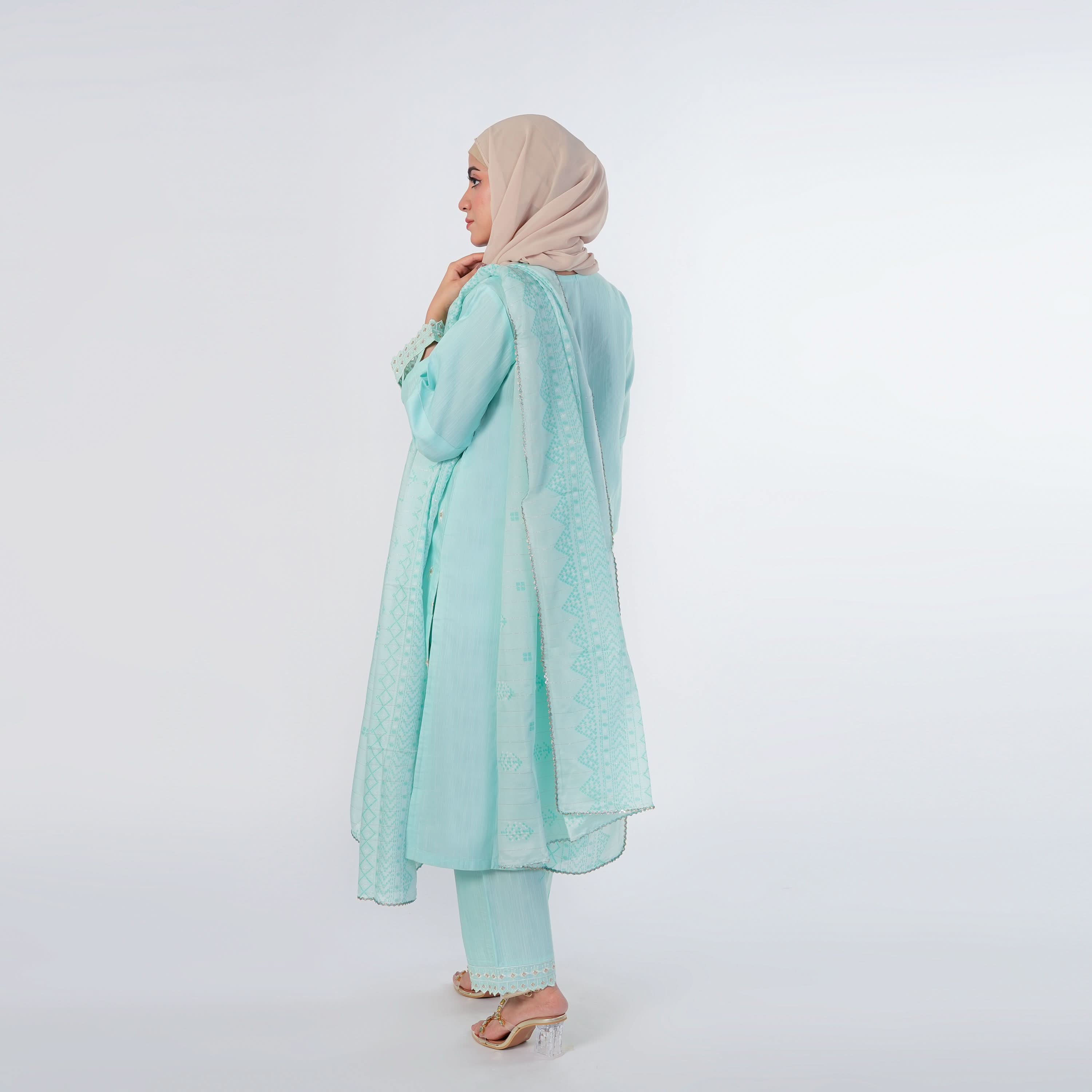 Women's Slub 3Pcs Fancy Suit  - Cyan, Women Shalwar Suits, Chase Value, Chase Value
