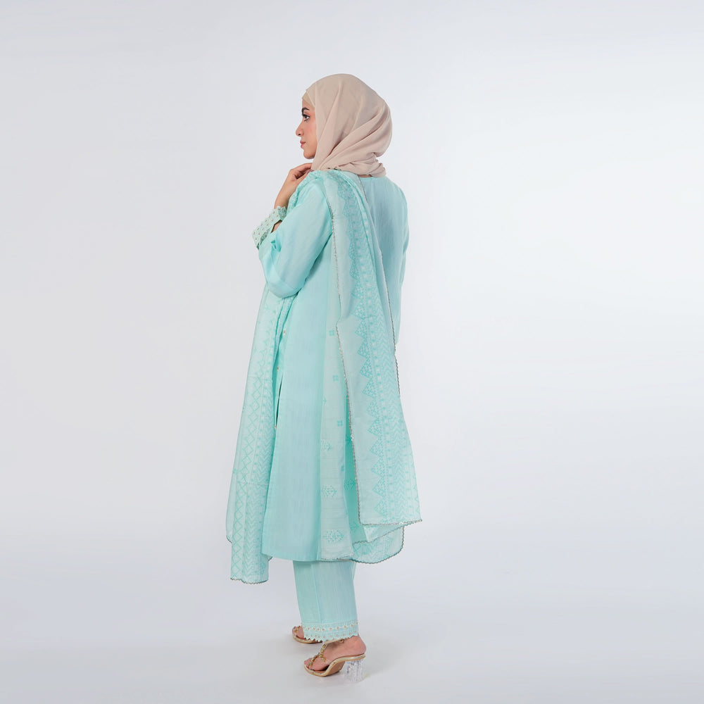 Women's Slub 3Pcs Fancy Suit  - Cyan, Women Shalwar Suits, Chase Value, Chase Value