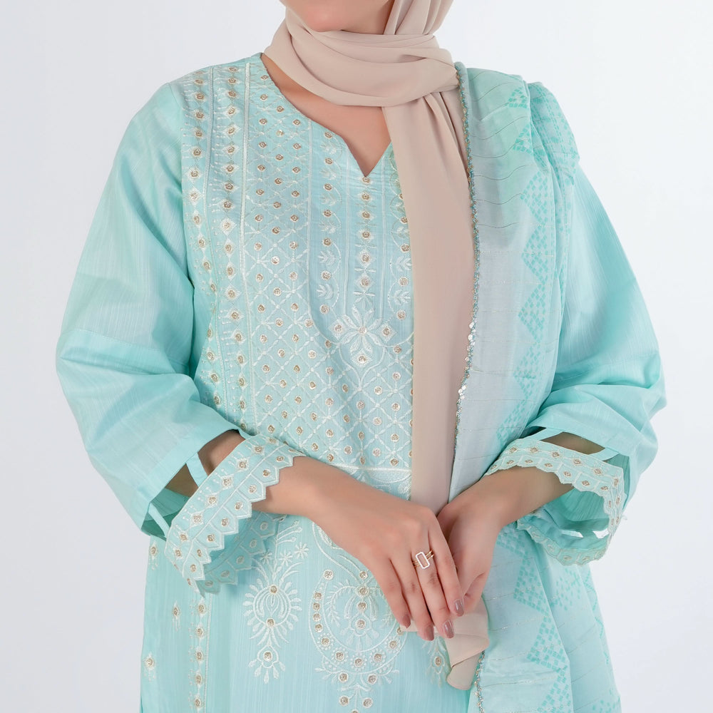 Women's Slub 3Pcs Fancy Suit  - Cyan, Women Shalwar Suits, Chase Value, Chase Value