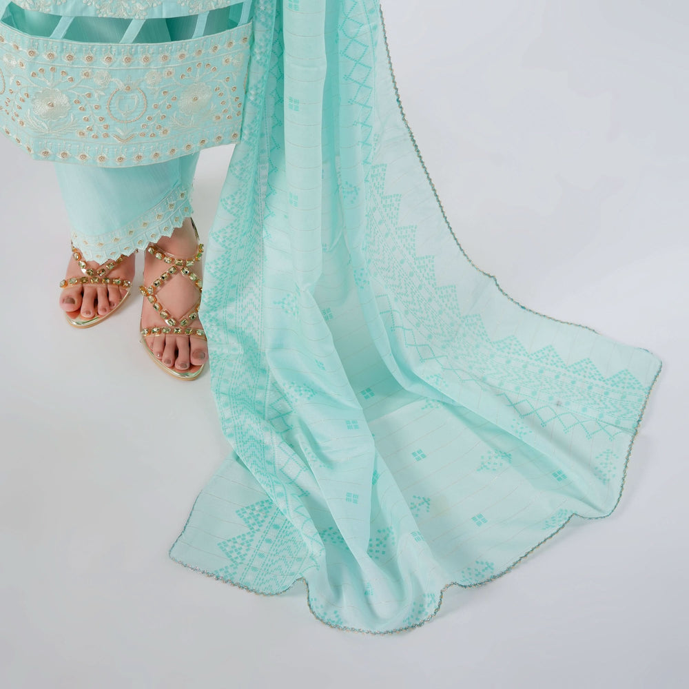 Women's Slub 3Pcs Fancy Suit  - Cyan, Women Shalwar Suits, Chase Value, Chase Value