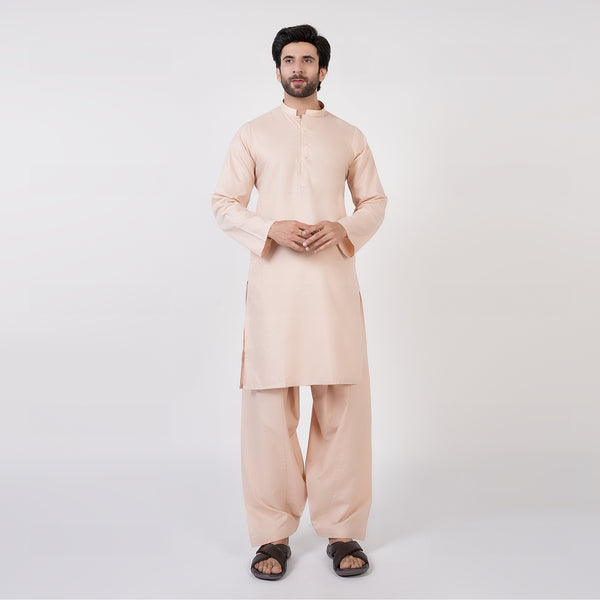 Men's Slim Fit Plain Kurta Shalwar Suit - Fawn