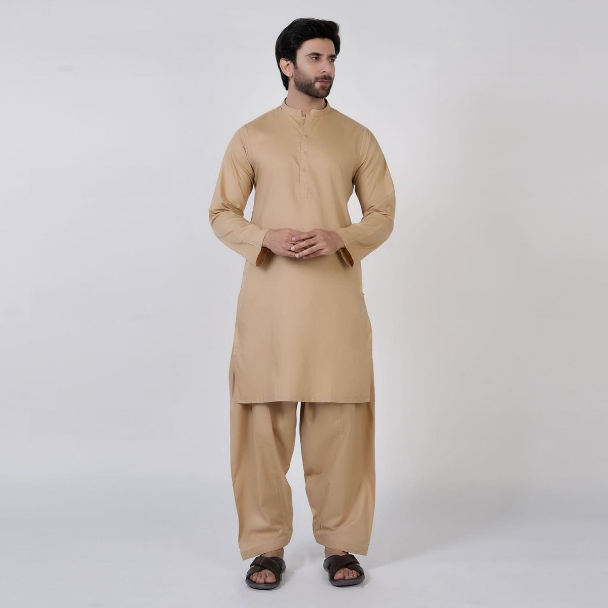 Men's Slim Fit Plain Kurta Shalwar Suit - Brown, Men's Shalwar Kameez, Chase Value, Chase Value