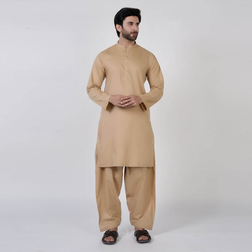 Men's Slim Fit Plain Kurta Shalwar Suit - Brown