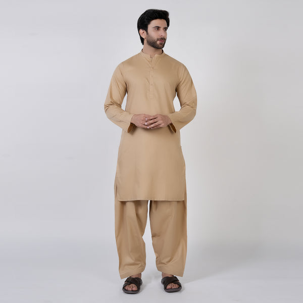 Men's Slim Fit Plain Kurta Shalwar Suit - Brown