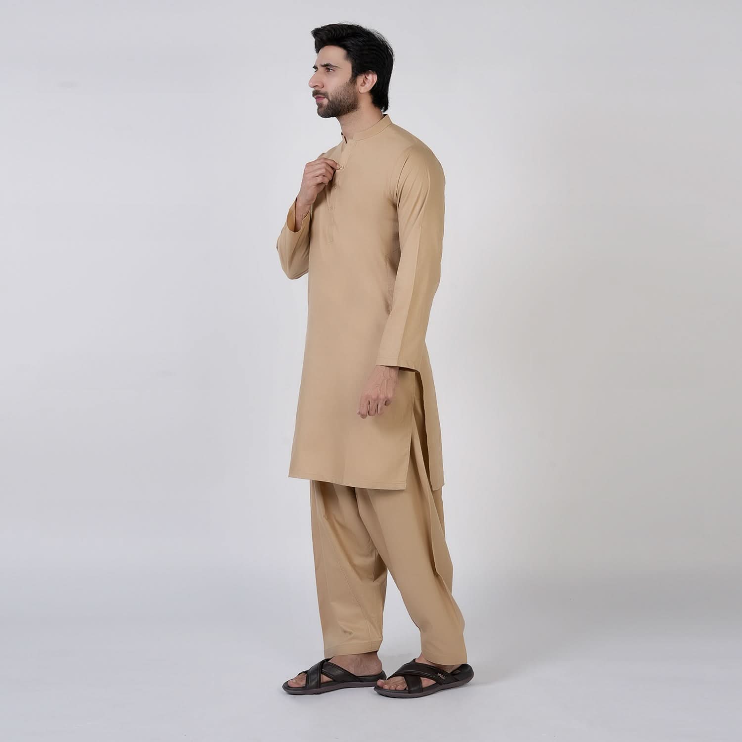Men's Slim Fit Plain Kurta Shalwar Suit - Brown, Men's Shalwar Kameez, Chase Value, Chase Value