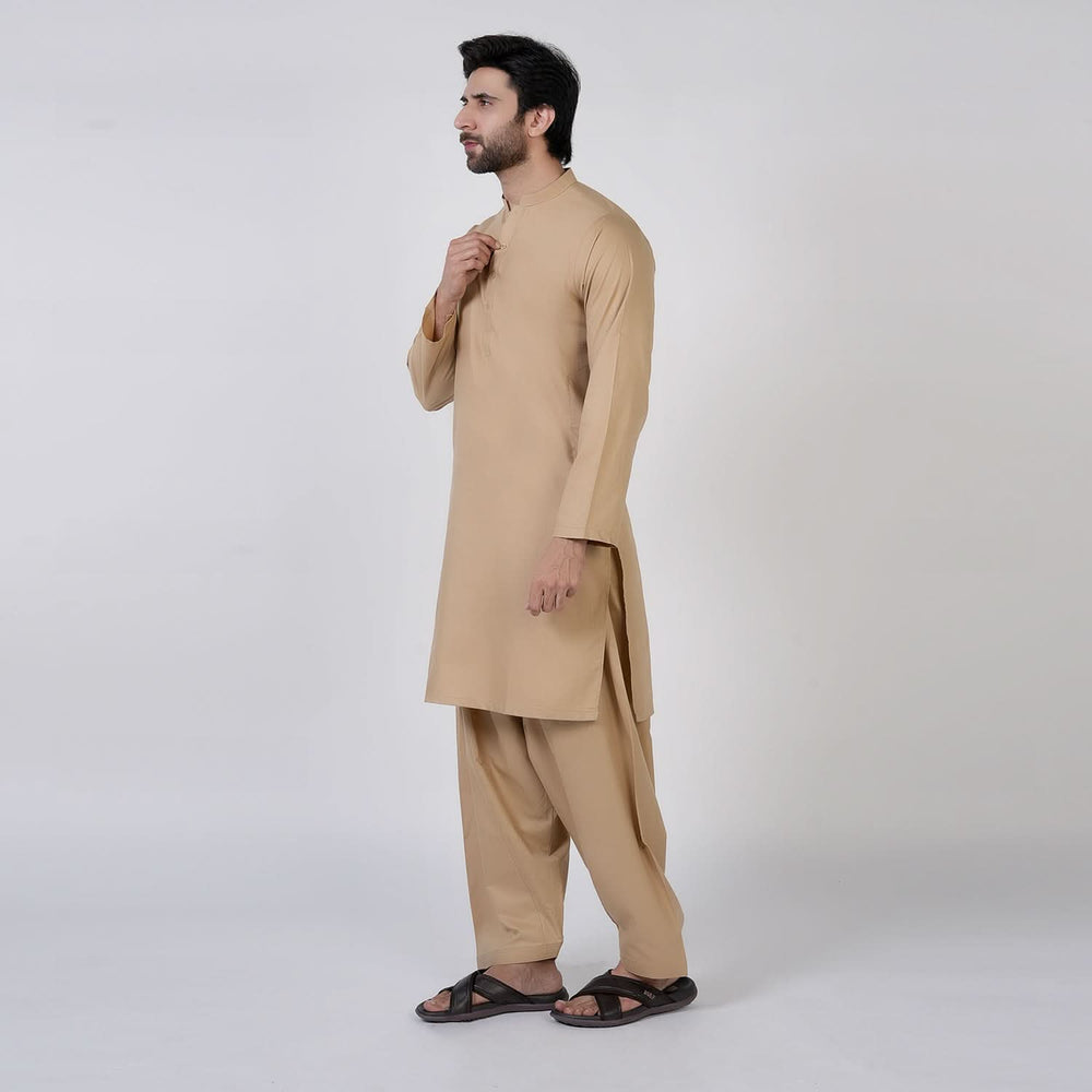Men's Slim Fit Plain Kurta Shalwar Suit - Brown, Men's Shalwar Kameez, Chase Value, Chase Value