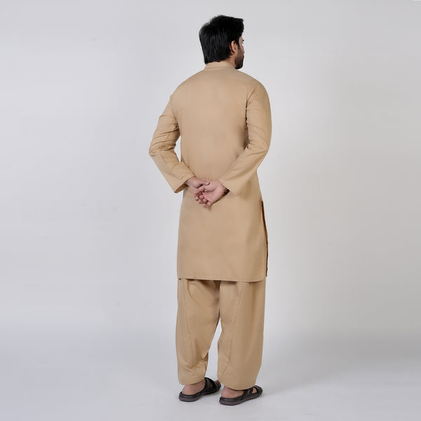 Men's Slim Fit Plain Kurta Shalwar Suit - Brown