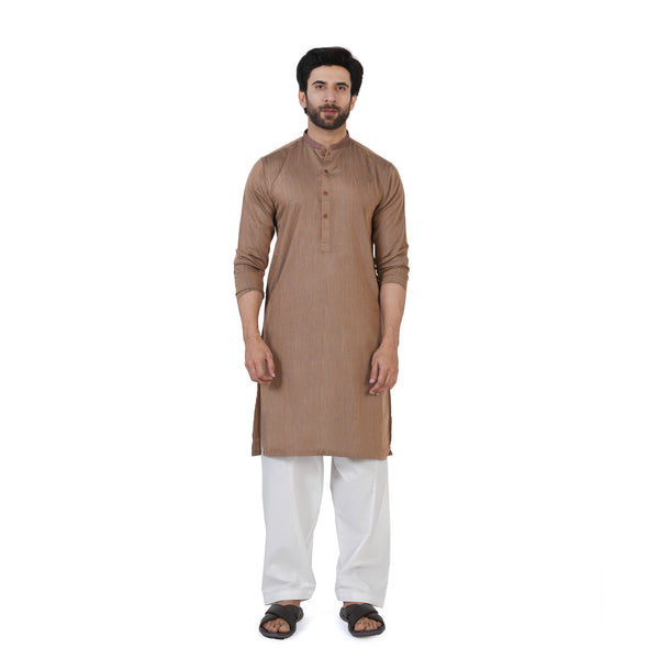 Men's Slim Fit Embroidered Kurta - Brown