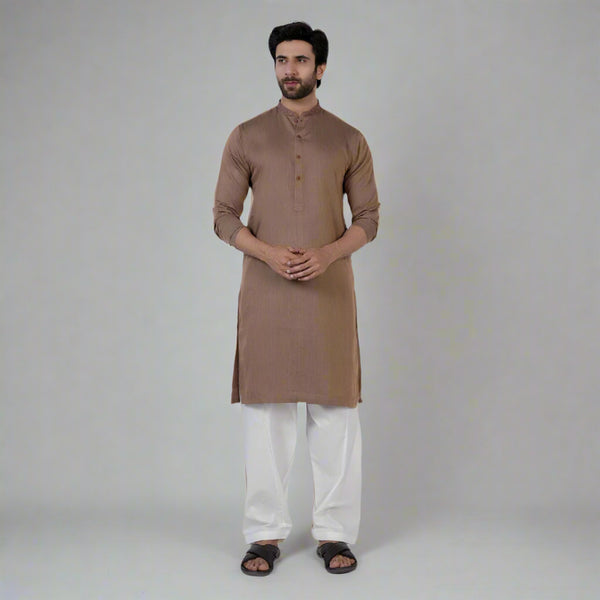 Men's Slim Fit Embroidered Kurta - Brown