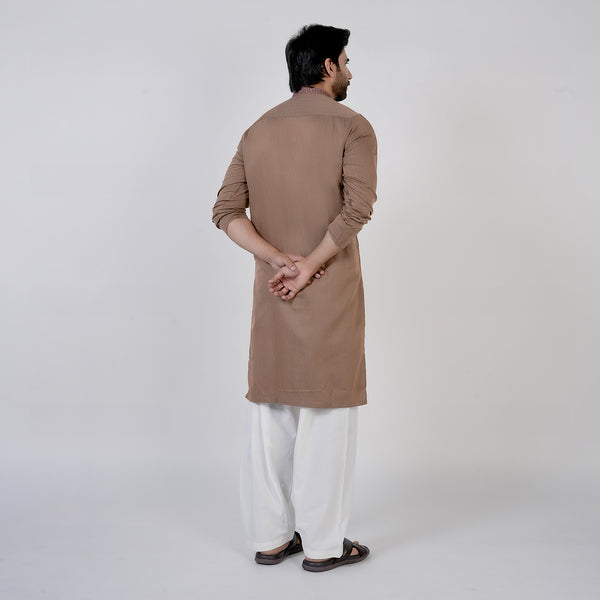 Men's Slim Fit Embroidered Kurta - Brown