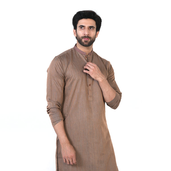 Men's Slim Fit Embroidered Kurta - Brown