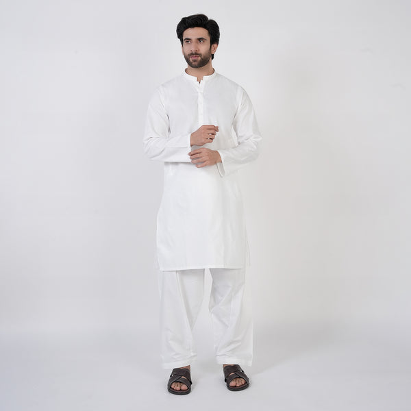 Men's Slim Fit Plain Kurta Shalwar Suit - White