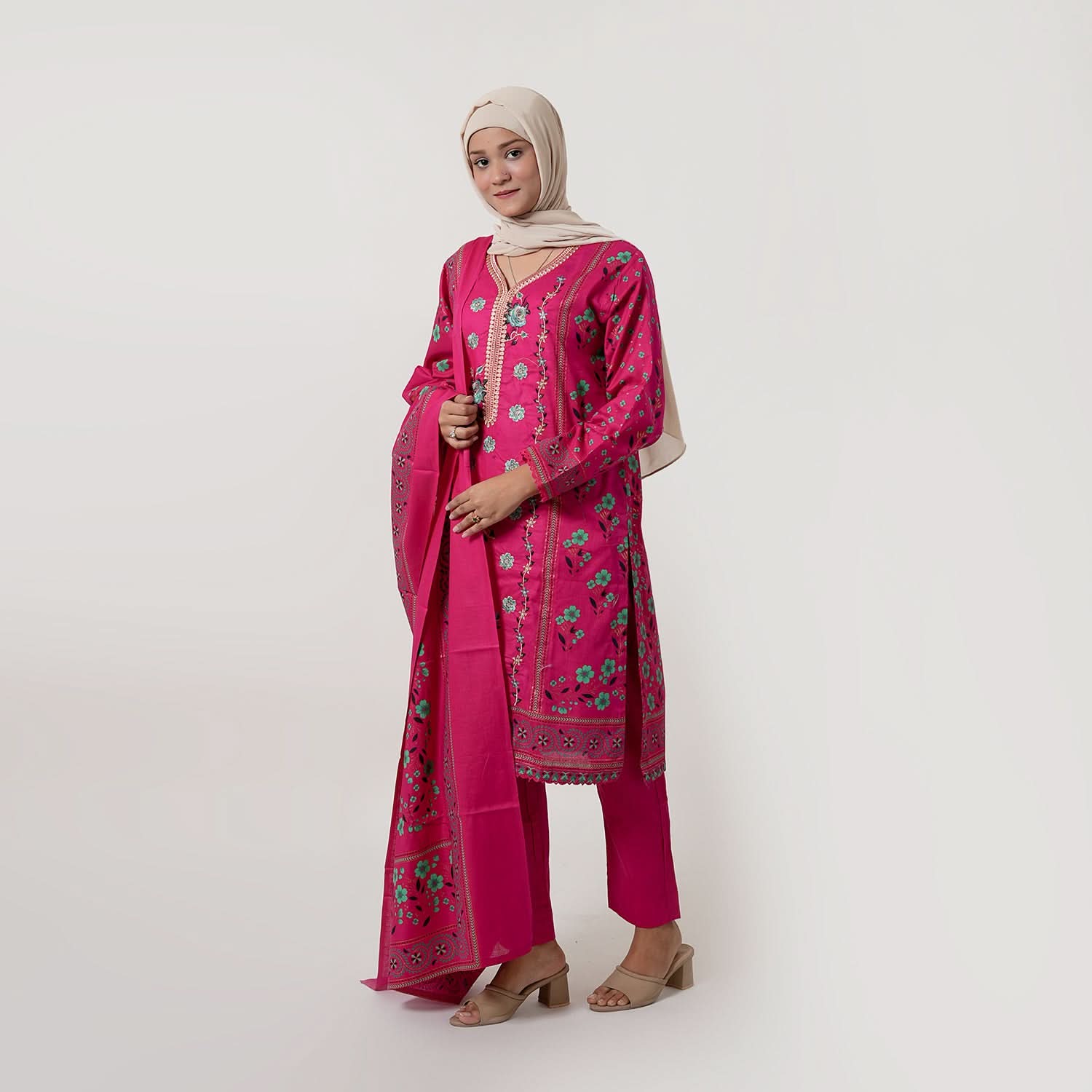Women's Printed Stitched 3 PCS Suit - Pink, Women Shalwar Suits, Chase Value, Chase Value