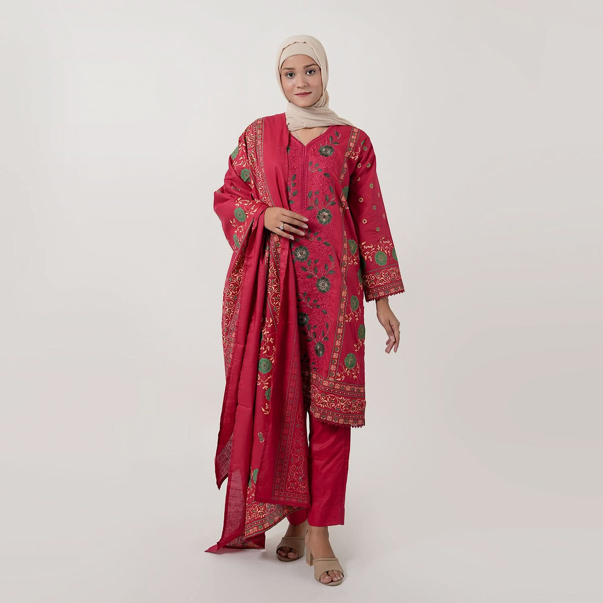 Women's Printed Stitched 3 PCS Suit - Red, Women Shalwar Suits, Chase Value, Chase Value