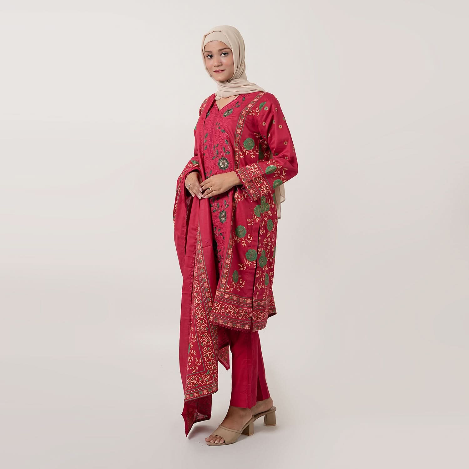 Women's Printed Stitched 3 PCS Suit - Red, Women Shalwar Suits, Chase Value, Chase Value