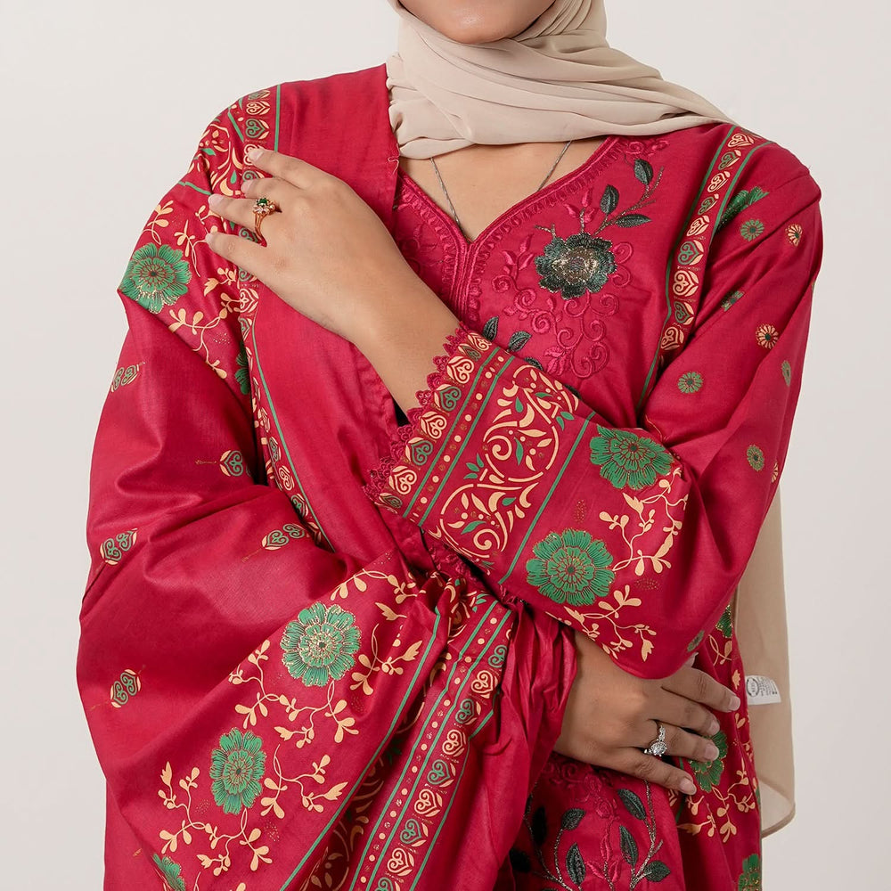 Women's Printed Stitched 3 PCS Suit - Red, Women Shalwar Suits, Chase Value, Chase Value