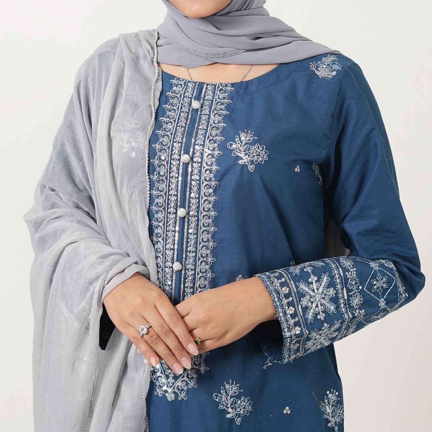Women's Cotton Embroidered 2Pcs Suit - Dark Blue, Women Shalwar Suits, Chase Value, Chase Value