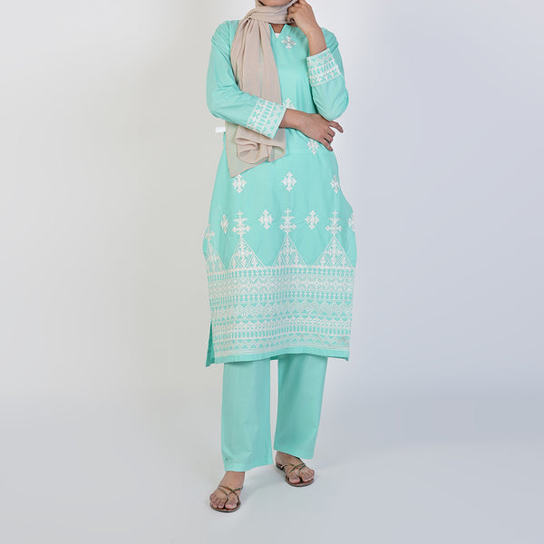 Women's Cotton Embroidered 2Pcs Suit - Cyan