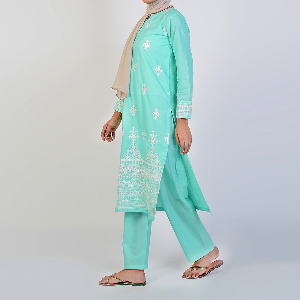 Women's Cotton Embroidered 2Pcs Suit - Cyan, Women Shalwar Suits, Chase Value, Chase Value