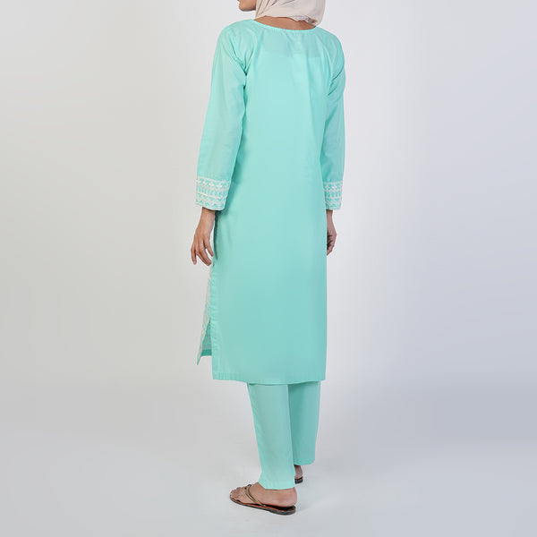 Women's Cotton Embroidered 2Pcs Suit - Cyan