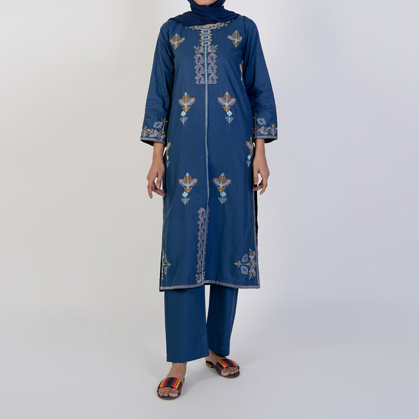 Women's Cotton Embroidered 2Pcs Suit - Steel Blue