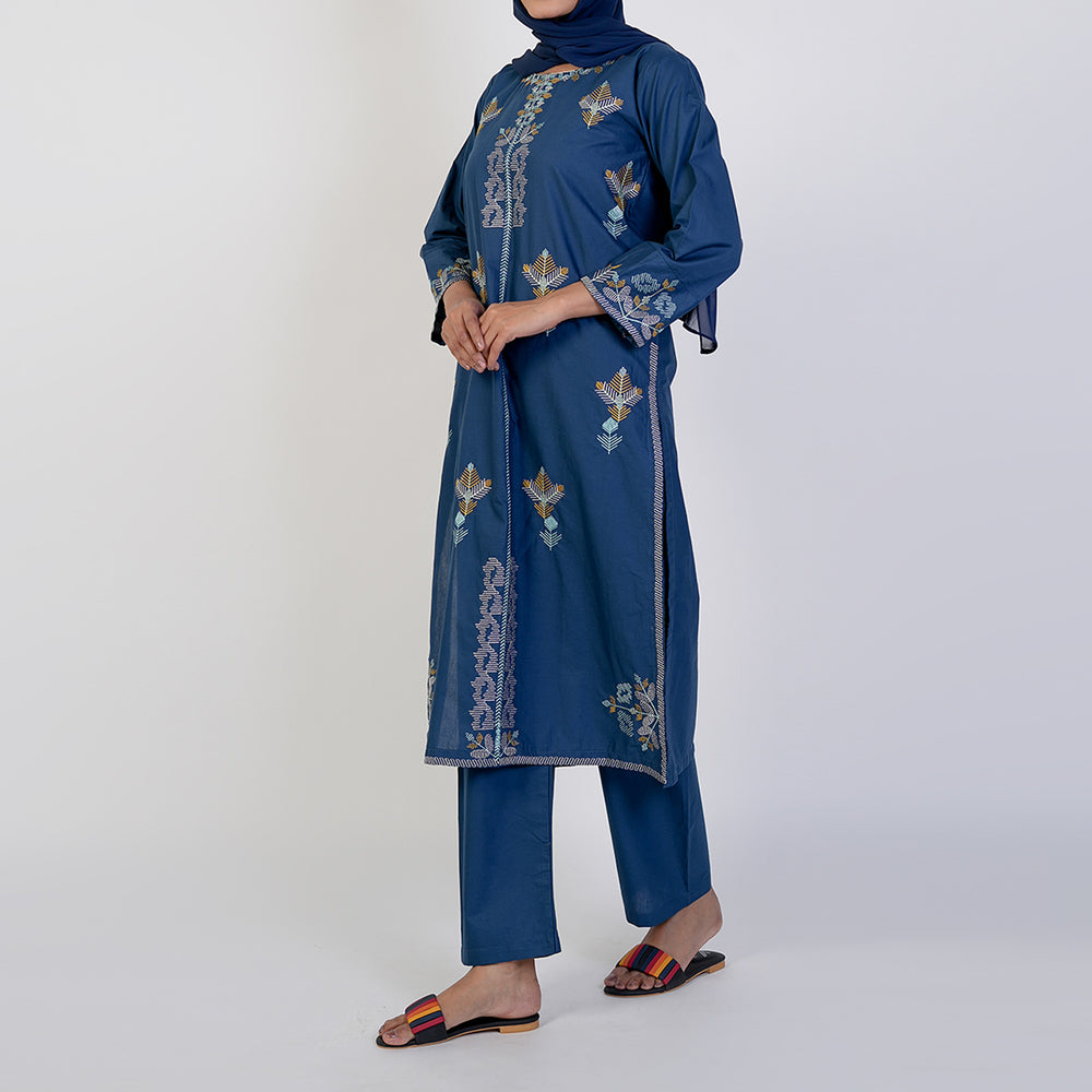 Women's Cotton Embroidered 2Pcs Suit - Steel Blue, Women Shalwar Suits, Chase Value, Chase Value