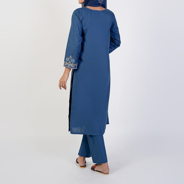 Women's Cotton Embroidered 2Pcs Suit - Steel Blue