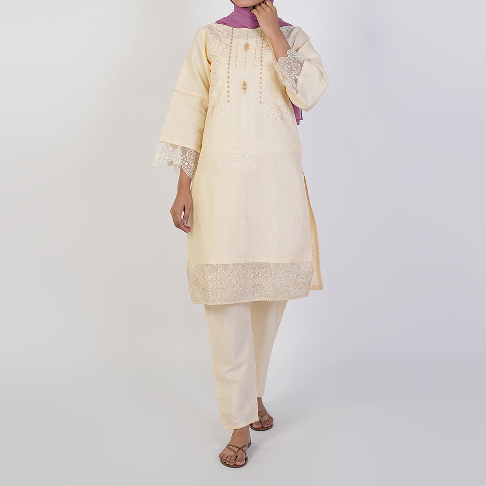 Women's Self Jacquard Fancy 2Pcs Suit - Cream, Women Shalwar Suits, Chase Value, Chase Value