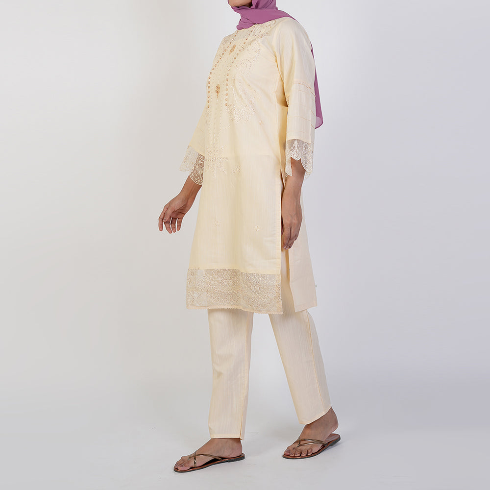 Women's Self Jacquard Fancy 2Pcs Suit - Cream, Women Shalwar Suits, Chase Value, Chase Value