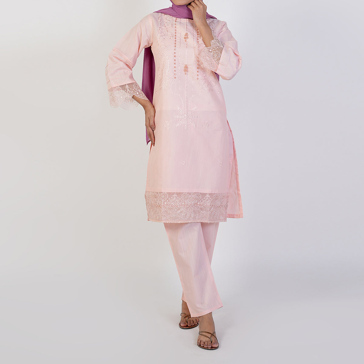 Women's Self Jacquard Fancy 2Pcs Suit - Peach, Women Shalwar Suits, Chase Value, Chase Value