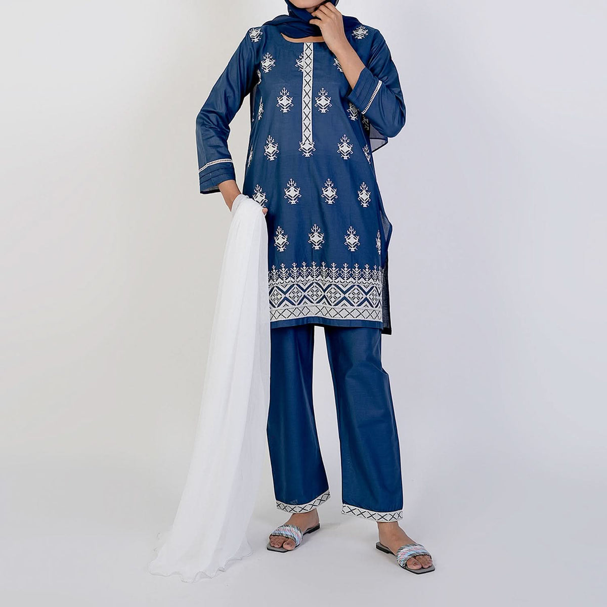 Women's Cotton Embroidered 3Pcs Suit -Steel Blue, Women Shalwar Suits, Chase Value, Chase Value