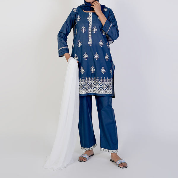 Women's Cotton Embroidered 3Pcs Suit -Steel Blue