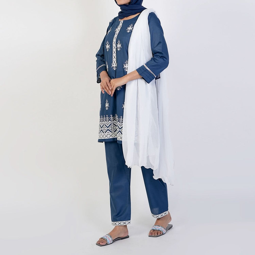 Women's Cotton Embroidered 3Pcs Suit -Steel Blue, Women Shalwar Suits, Chase Value, Chase Value