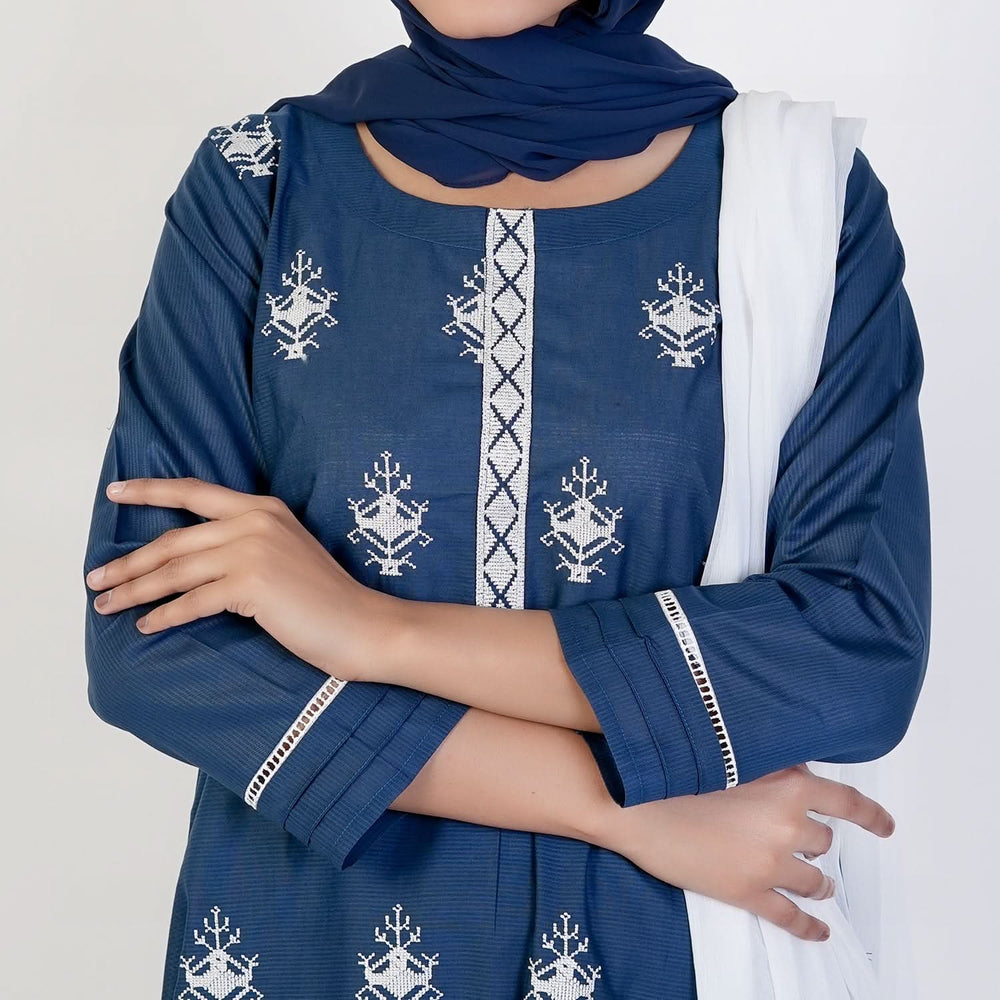 Women's Cotton Embroidered 3Pcs Suit -Steel Blue, Women Shalwar Suits, Chase Value, Chase Value
