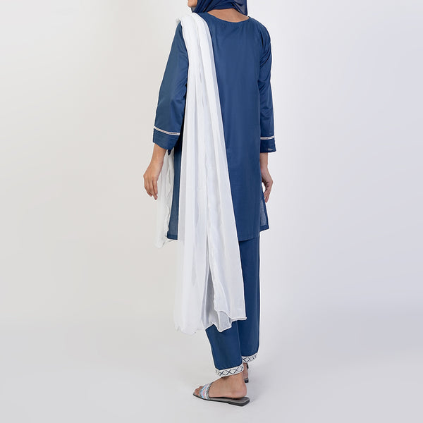 Women's Cotton Embroidered 3Pcs Suit -Steel Blue