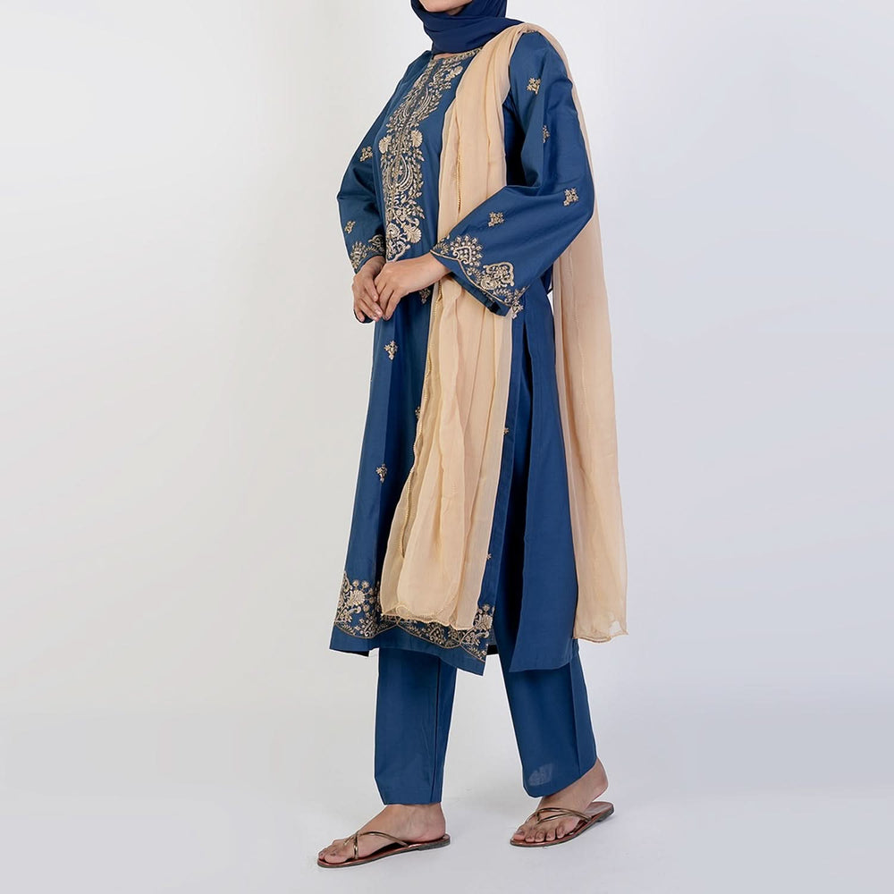 Women's Cotton Embroidered 2Pcs Suit - Steel Blue, Women Shalwar Suits, Chase Value, Chase Value