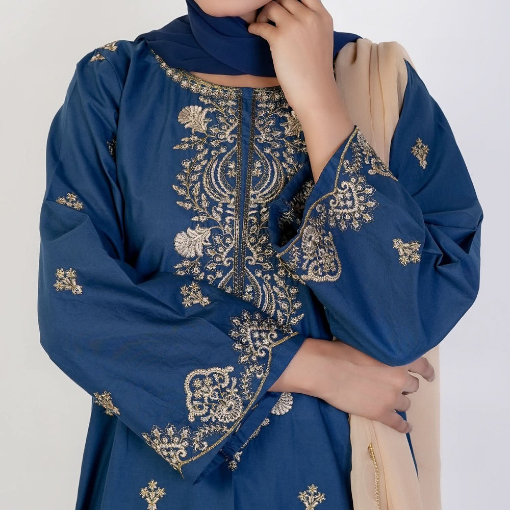 Women's Cotton Embroidered 2Pcs Suit - Steel Blue, Women Shalwar Suits, Chase Value, Chase Value