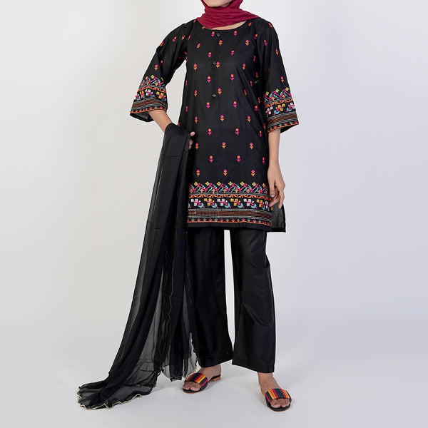 Women's Cotton Embroidered 3Pcs Suit -Black