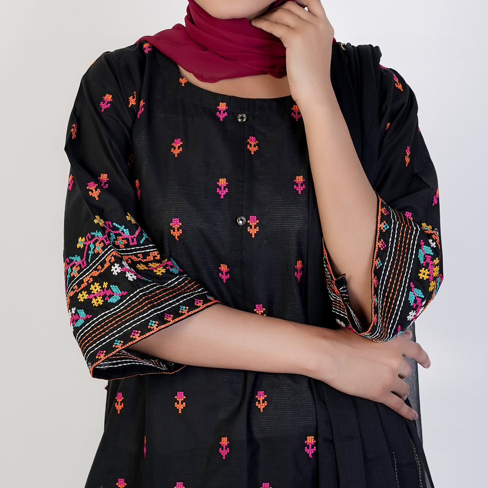 Women's Cotton Embroidered 3Pcs Suit -Black, Women Shalwar Suits, Chase Value, Chase Value