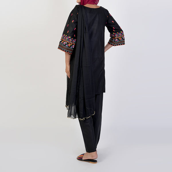 Women's Cotton Embroidered 3Pcs Suit -Black