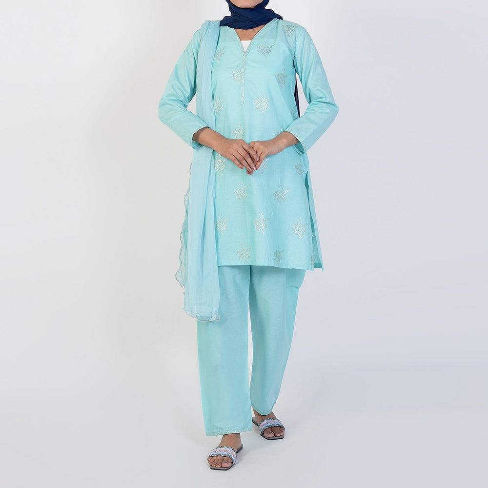 Women's Cotton Embroidered 3Pcs Suit -Sky Blue, Women Shalwar Suits, Chase Value, Chase Value