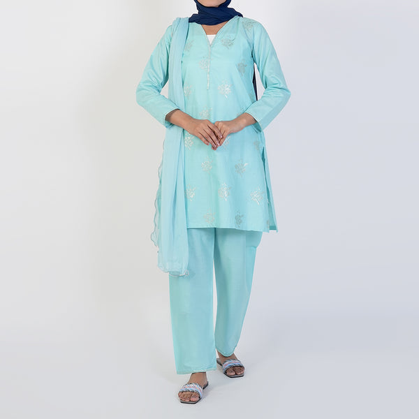 Women's Cotton Embroidered 3Pcs Suit -Sky Blue
