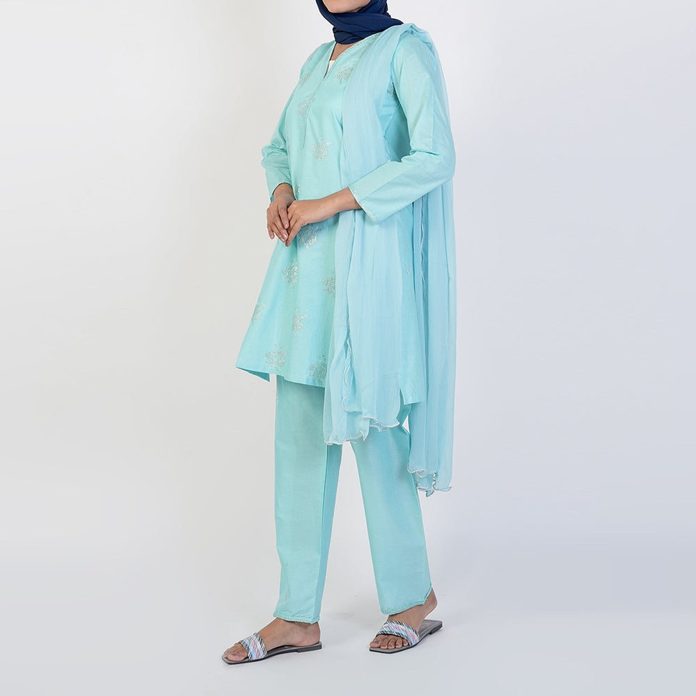 Women's Cotton Embroidered 3Pcs Suit -Sky Blue, Women Shalwar Suits, Chase Value, Chase Value