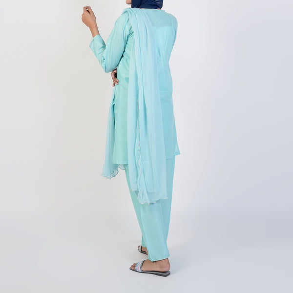 Women's Cotton Embroidered 3Pcs Suit -Sky Blue