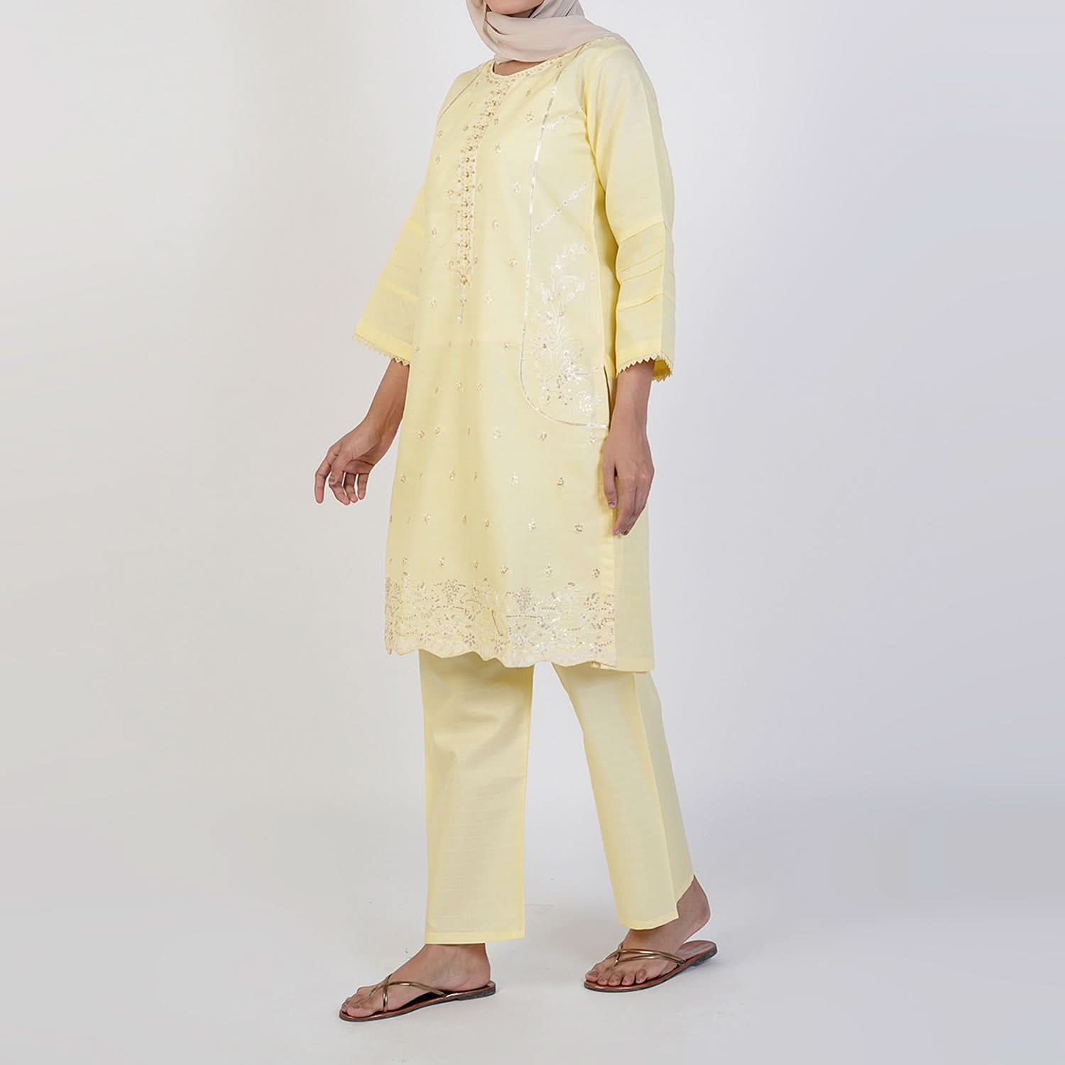 Women's Fancy 2 Pcs Suit - Lemon, Women Shalwar Suits, Chase Value, Chase Value
