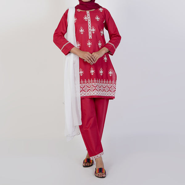 Women's Cotton Embroidered 3Pcs Suit -Red